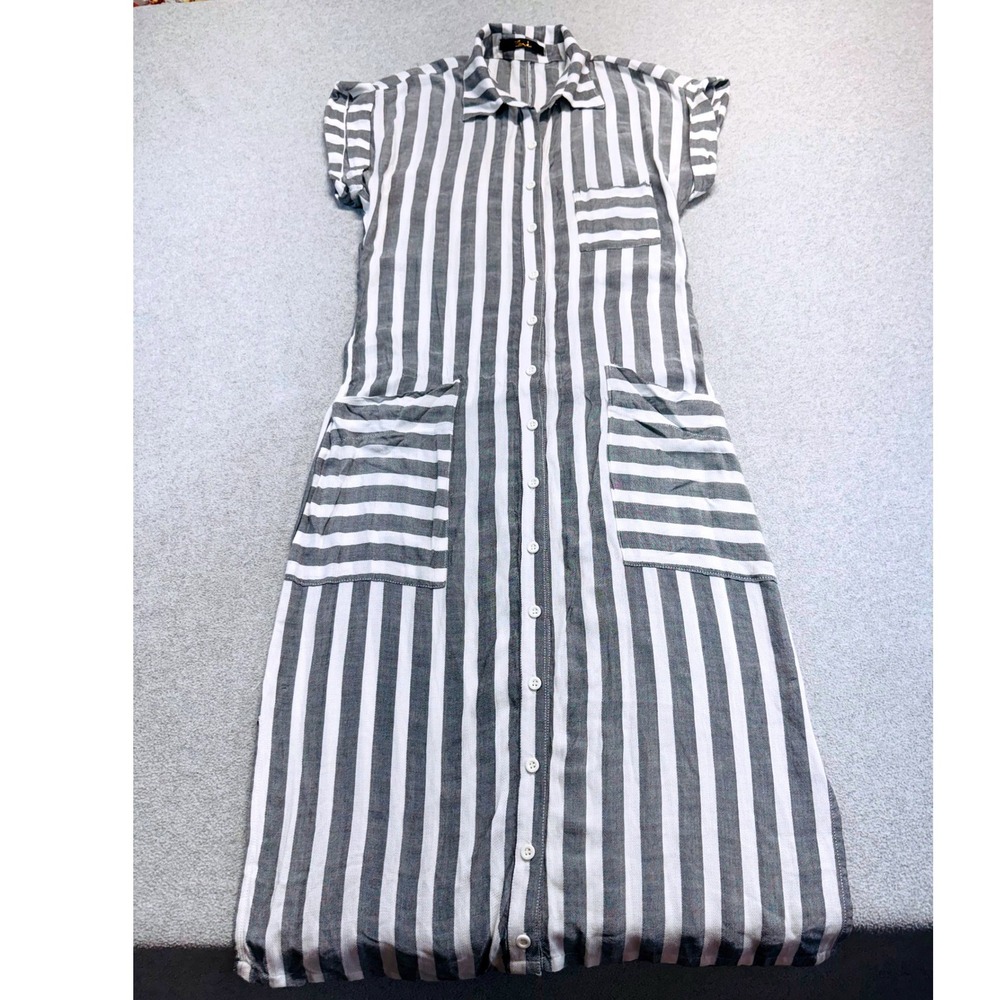 SML Shirt Dress Womens Small Gray White Striped Button Front Cap Sleeve Midi